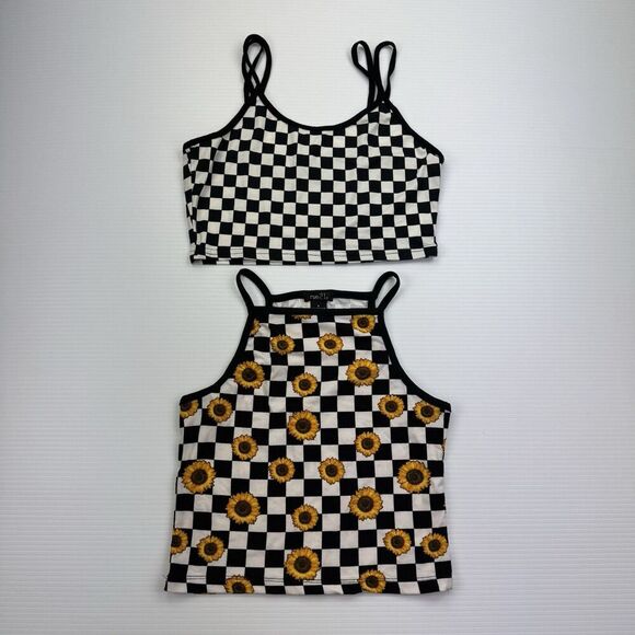 Black White Checkered Crop Tank Tops Set Size Small Y2K Rock Boho - Picture 2 of 15